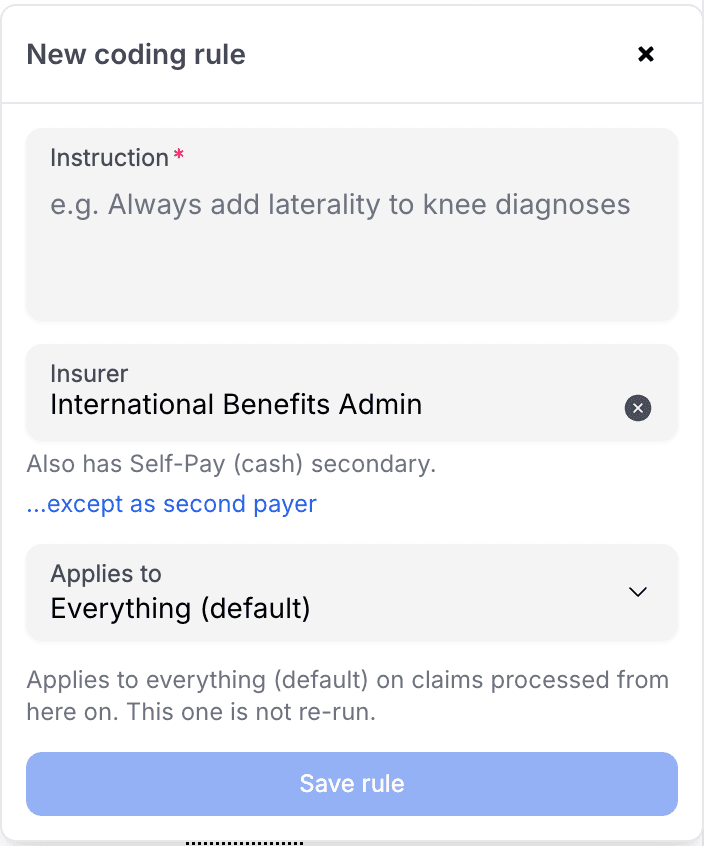 Add Coding Rule form showing instruction, insurer restriction, and coding category fields