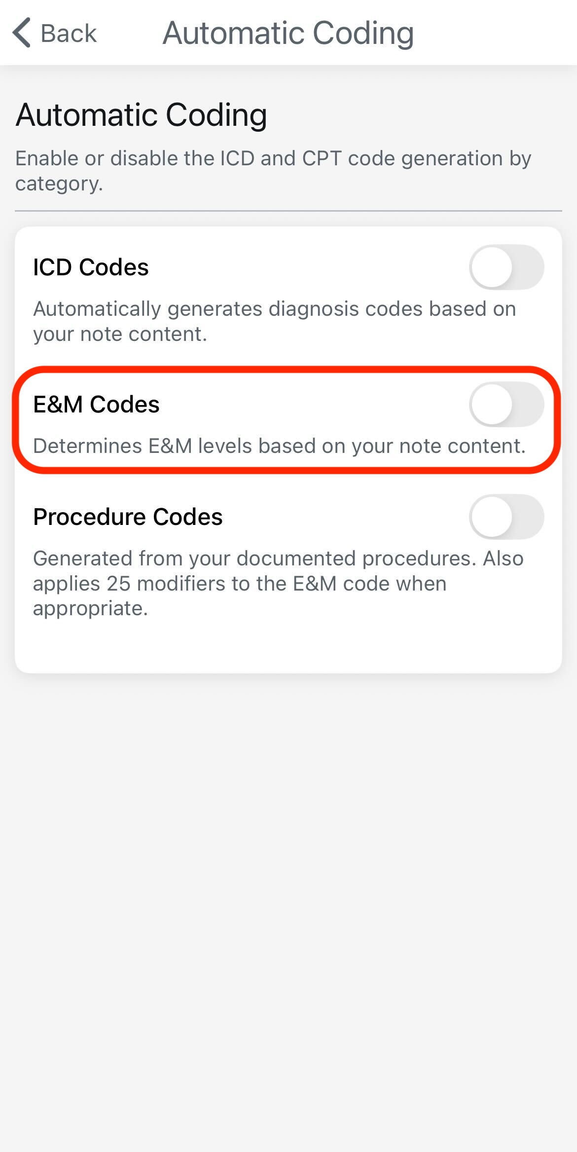Coding Settings Page