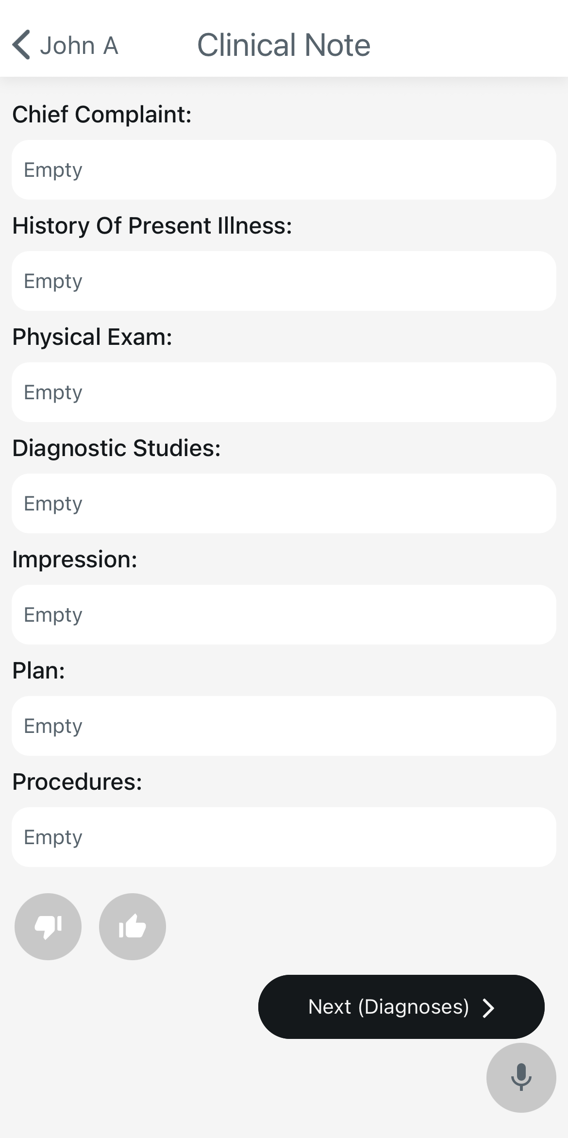 Empty note template before data entry
