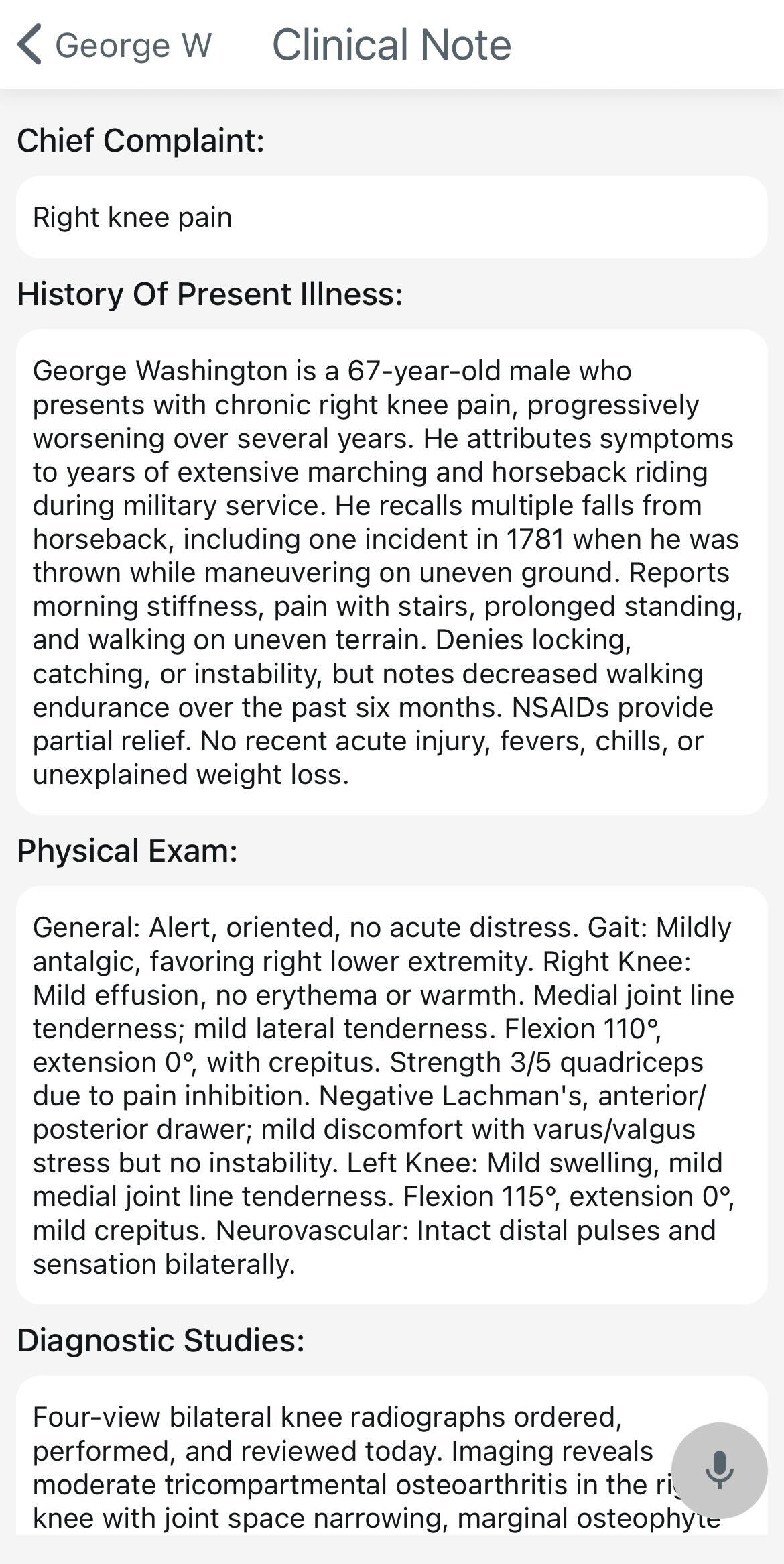 Mobile app showing structured note sections for review and editing