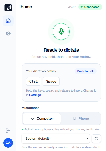 OrthoScribe Desktop Home screen showing the Computer and Phone microphone selector