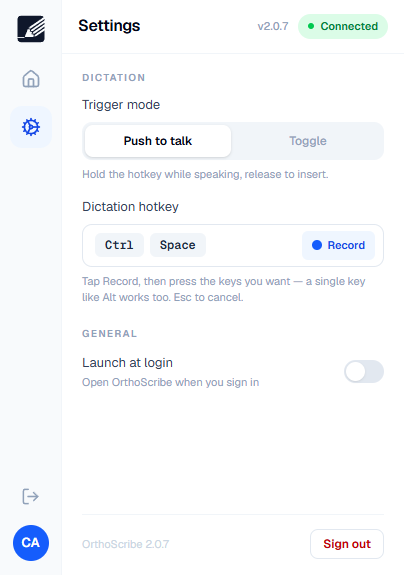 OrthoScribe Desktop Settings screen showing trigger mode and dictation hotkey controls